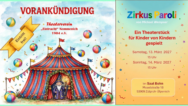 Kindertheater Zirkus Paroli, 13.3.2027 / 14.3.2027, Saal Bohn, Zülpich-Ülpenich